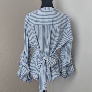 Blue and White NY and Co Ruffled Sleeve shirt